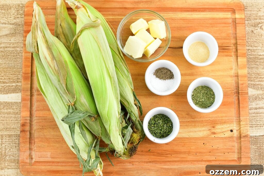 Fresh ingredients laid out on a cutting board, ready for smoking corn on the cob