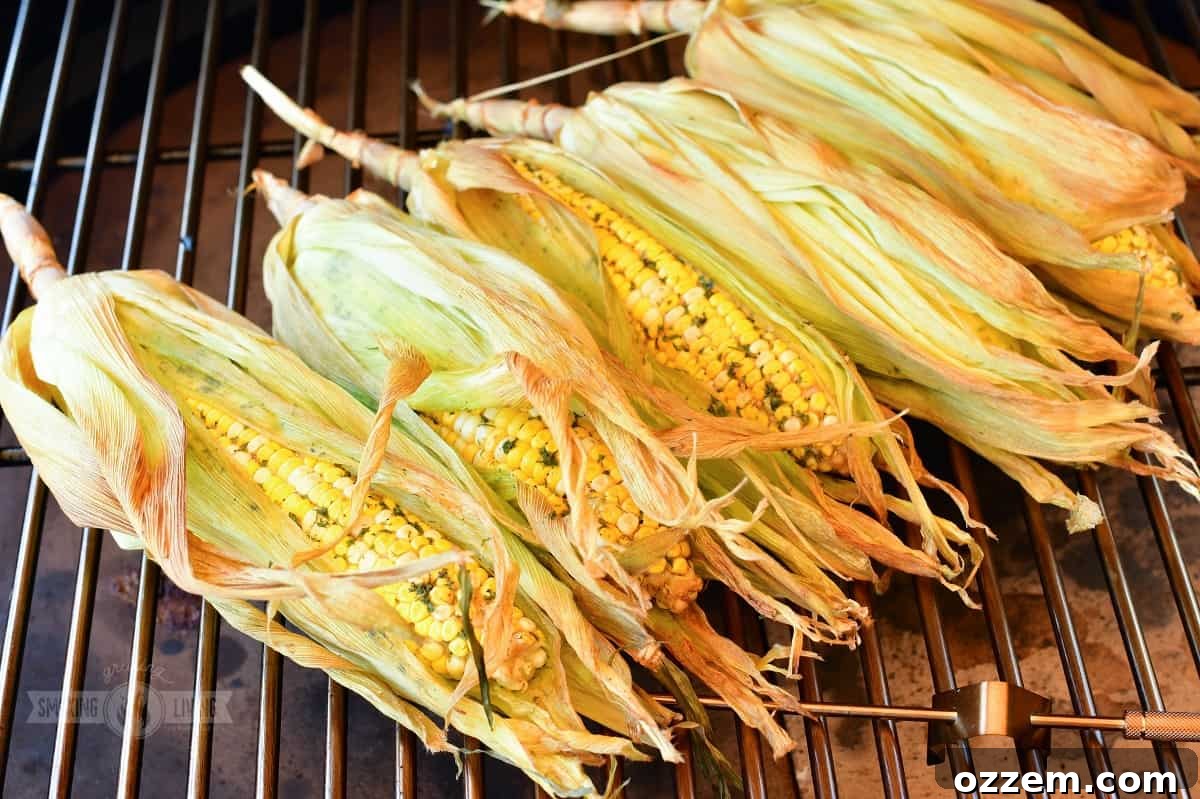 Smoked corn on the cob in husks cooking on the smoker grill grate