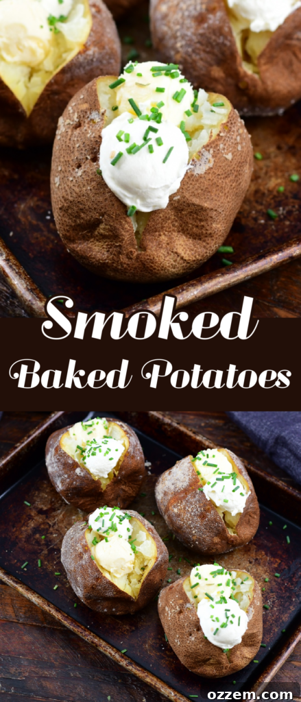 Smoked baked potato collage showcasing the various stages from prep to a fully topped, delicious serving.