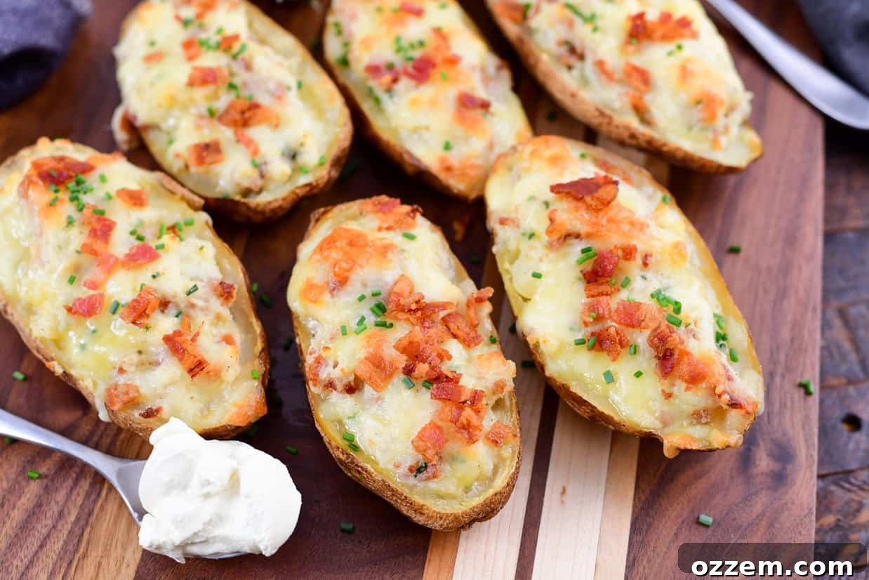 Smoky Creamy Twice Baked Potatoes 14 Twice smoked baked potatoes on a wood board with sour cream