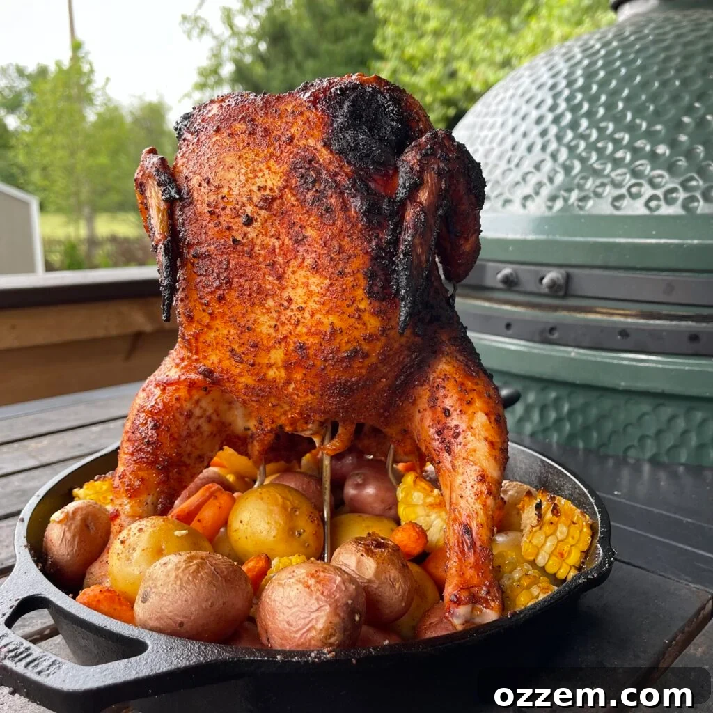 Perfectly grilled whole chicken surrounded by roasted potatoes and carrots in a cast iron skillet, golden brown and ready to serve.