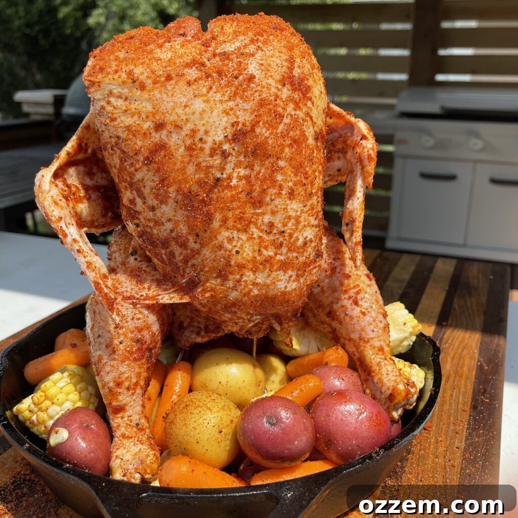 Whole chicken and seasoned vegetables cooking in a cast iron skillet on a Big Green Egg grill.