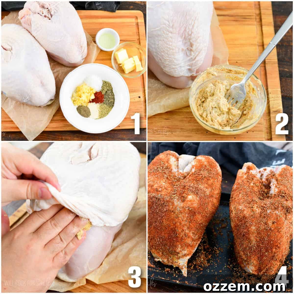 A four-image collage demonstrating the key preparation steps for smoked turkey breast: separating skin, applying seasoned butter underneath, and coating the exterior with rub.