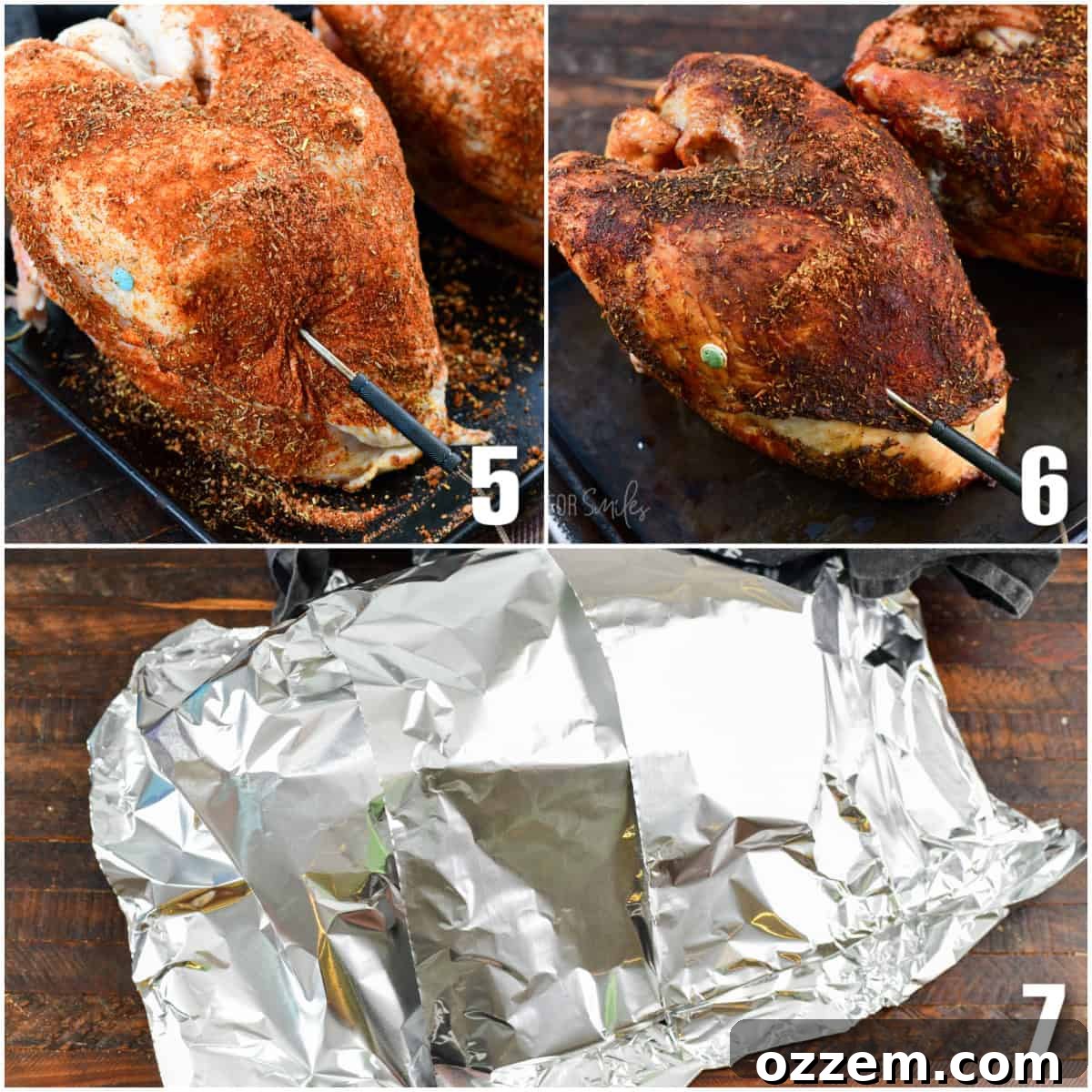 A three-image collage showing the smoking process: a digital thermometer probe inserted into the thickest part of the turkey breast, the cooked turkey in the smoker, and the finished turkey resting under foil.