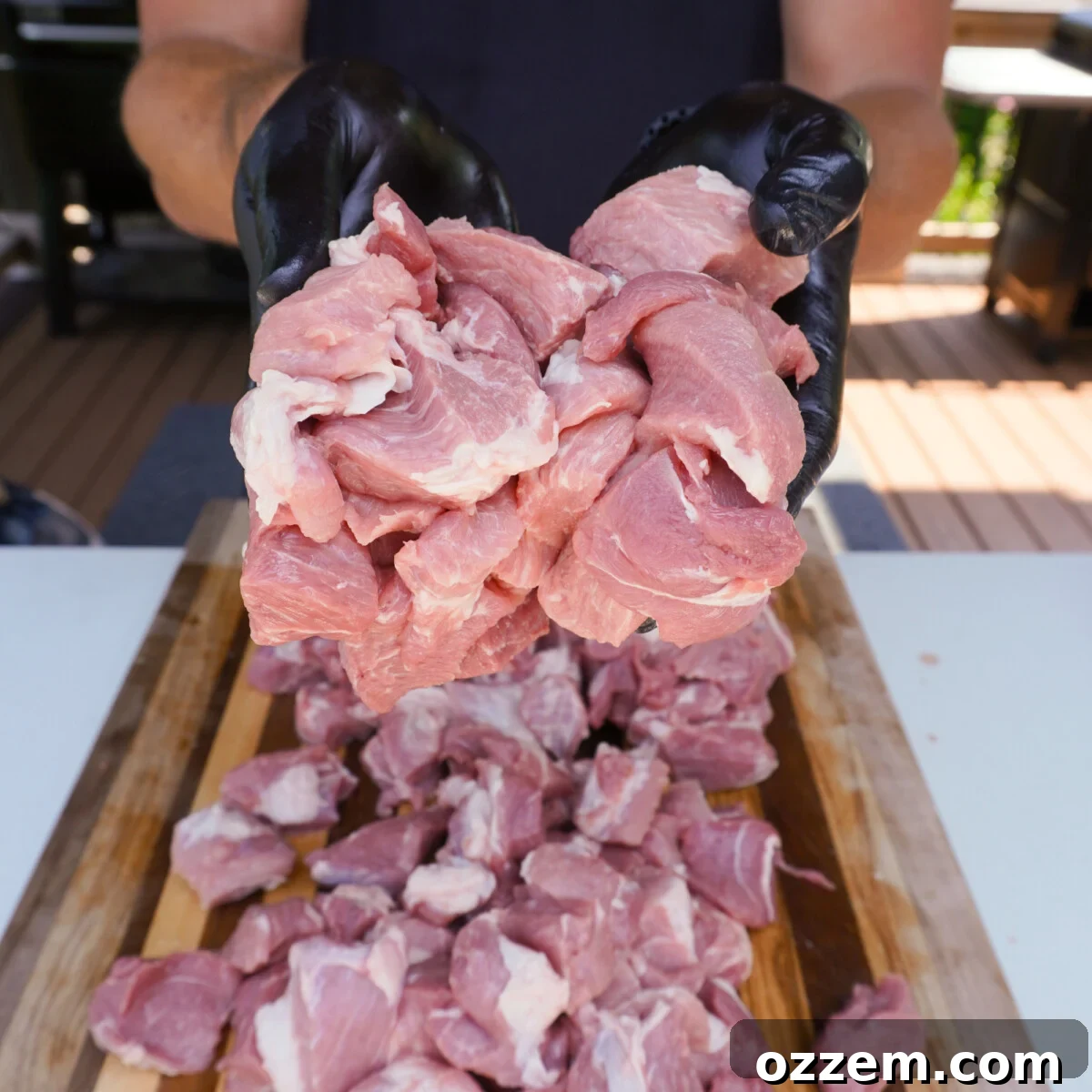 Succulent Pork Poppers 4 Uniformly cubed pork shoulder, ready for seasoning.
