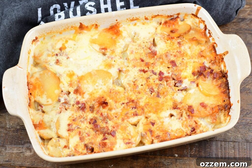 Decadent Smoked Scalloped Potatoes 11 A dish of perfectly cooked Smoked Scalloped Potatoes, golden and bubbling, ready to be served