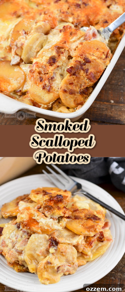 Decadent Smoked Scalloped Potatoes 14 Vertical image for Pinterest featuring Smoked Scalloped Potatoes with text 'Smoked Scalloped Potatoes Pin'