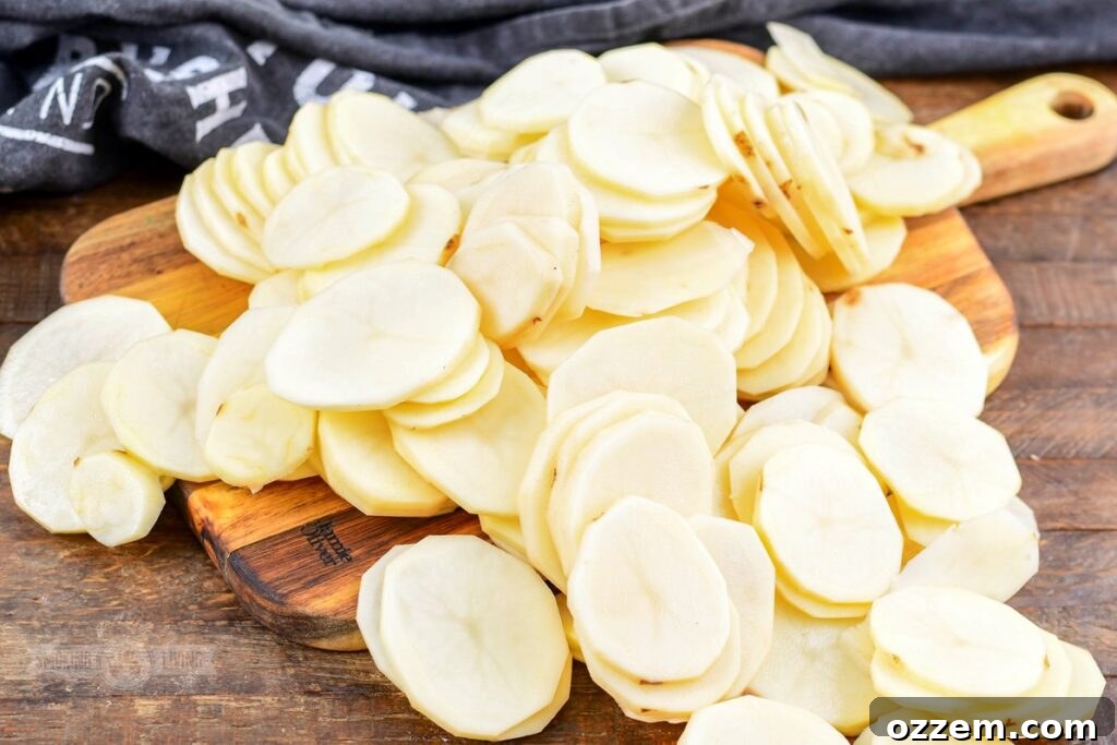 Decadent Smoked Scalloped Potatoes 6 Thinly sliced potatoes on a cutting board, ready for layering