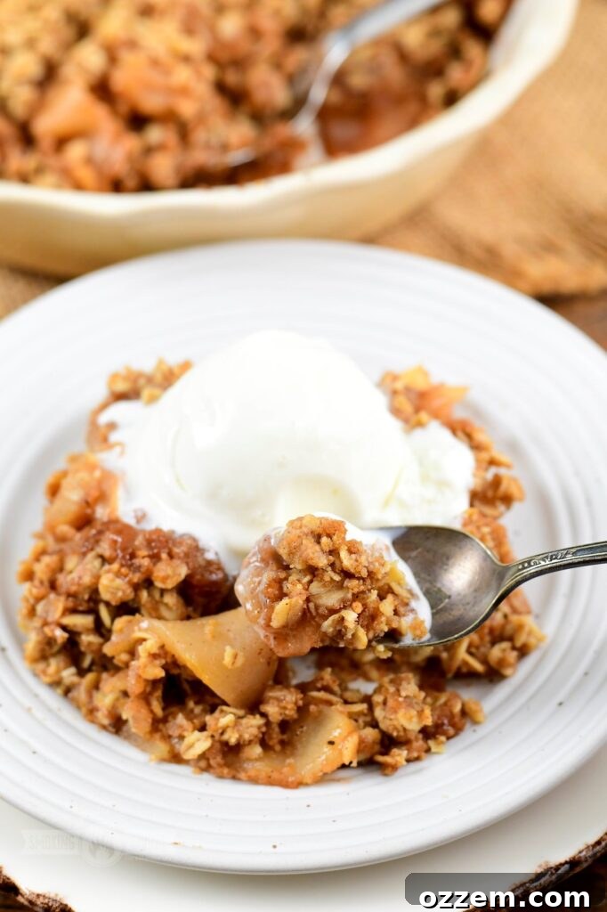 Smoked Apple Crisp in a pie dish, ready to be served