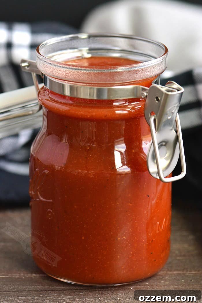 A jar of homemade BBQ sauce, showcasing its rich, deep color and smooth texture, ready to be enjoyed with a variety of grilled dishes.