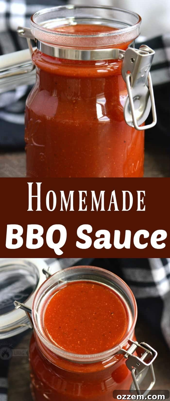 A long collage of several images showcasing the homemade BBQ sauce in various stages and serving suggestions.