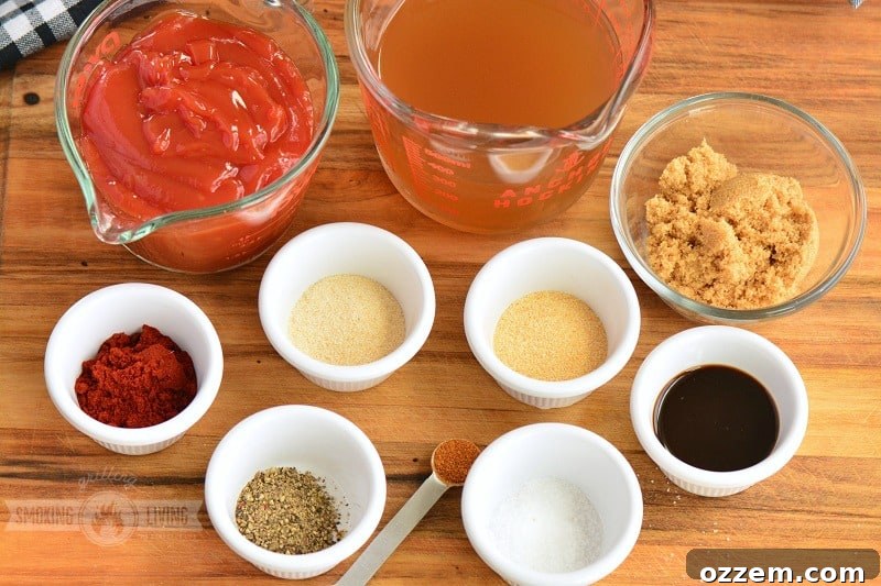 Various ingredients for a homemade BBQ sauce laid out on a wooden surface, including ketchup, brown sugar, spices, and liquid smoke.