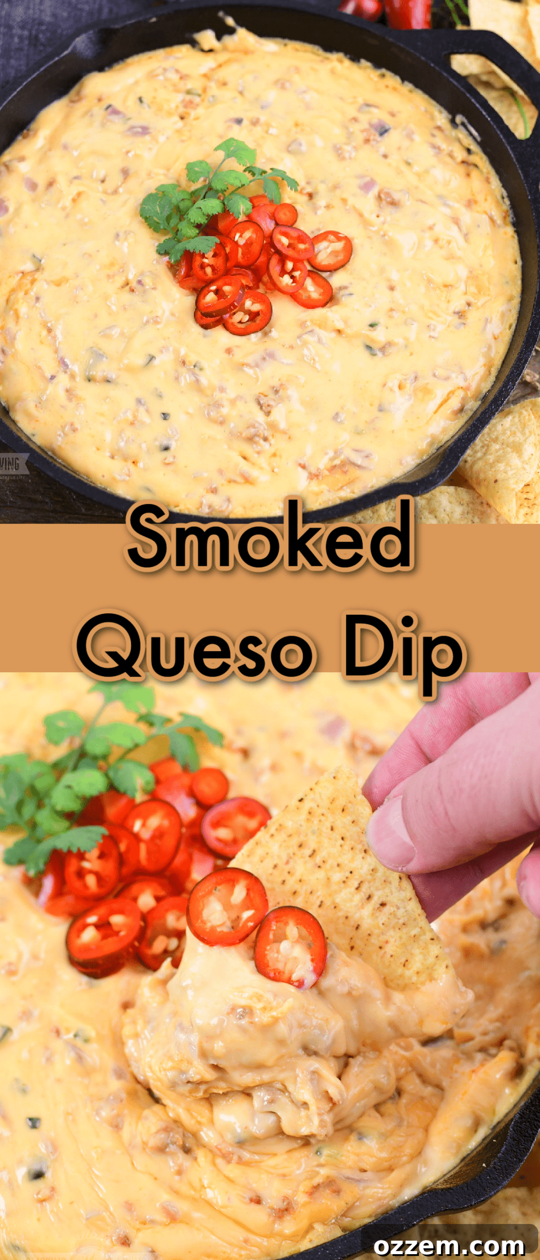 Campfire Queso Dip 19 A collage of two close-up images of Smoked Queso Dip, highlighting its rich texture and appealing presentation, perfect for social sharing.