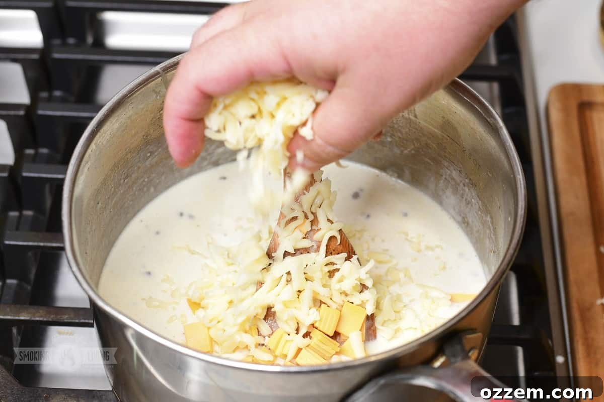 Campfire Queso Dip 9 Diced American and shredded Monterey Jack cheeses being added to the simmering milk and cream mixture in a saucepan.
