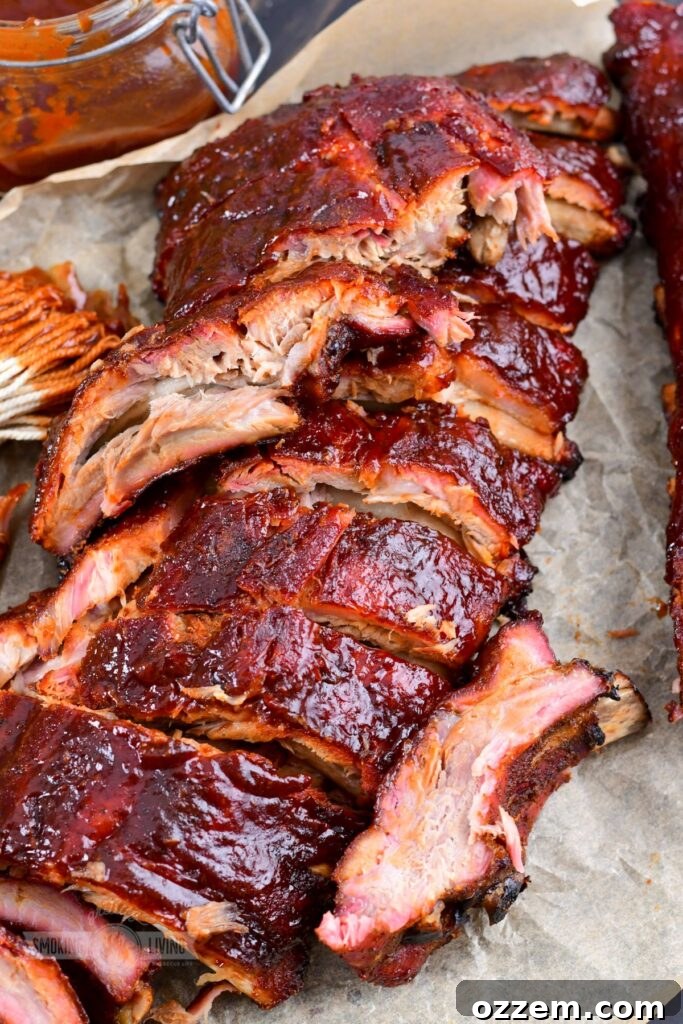 321 ribs cut, stacked, showing the tender meat and perfect bark