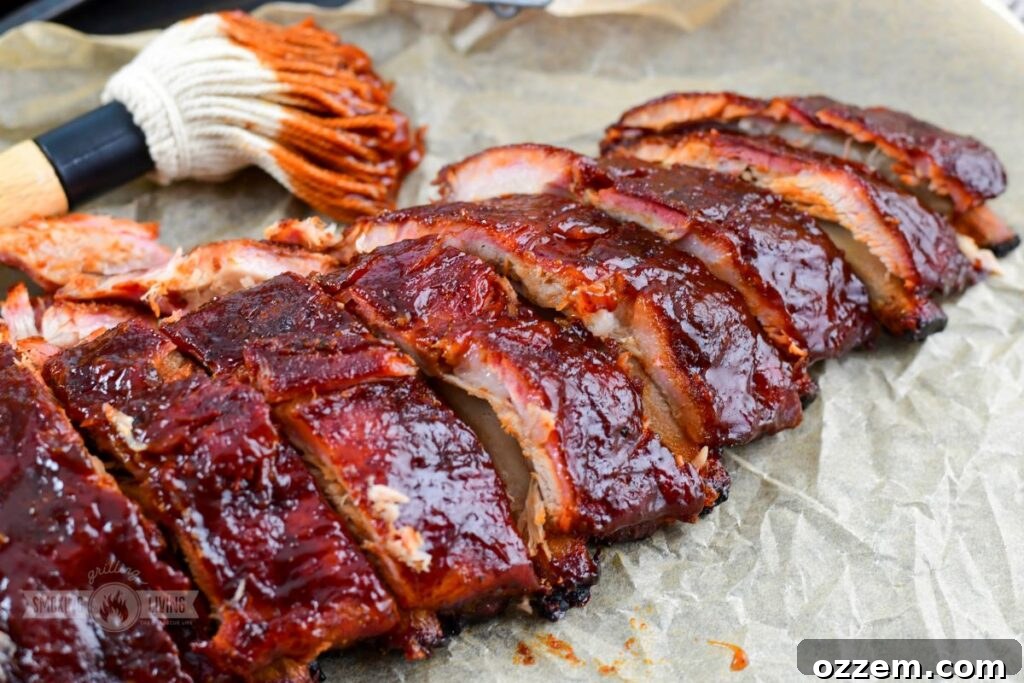 321 ribs close-up, cut and stacked, revealing tender meat