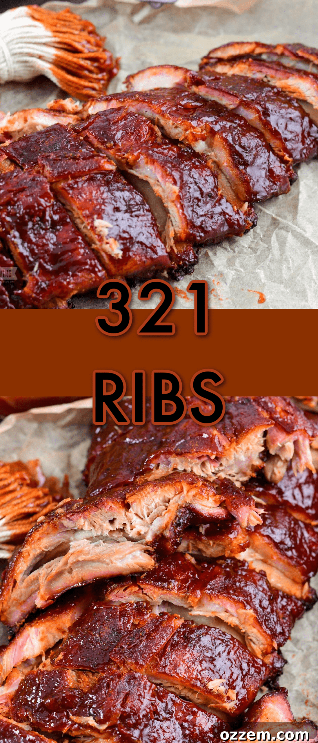 Collage of two close up images of finished 321 ribs, one whole rack and one cut