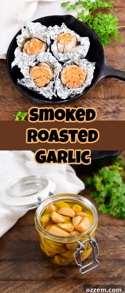 A Pinterest-friendly image for Smoked Roasted Garlic, showing a jar of garlic in oil and a smoked bulb.