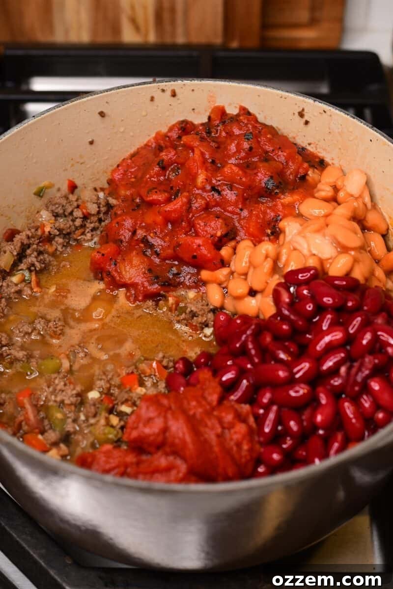 Beans, tomatoes and tomato pastes added to chili.