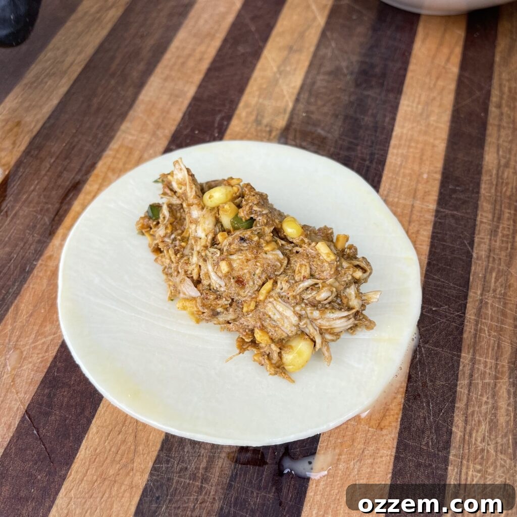 Placing chicken filling onto an empanada dough disk.
