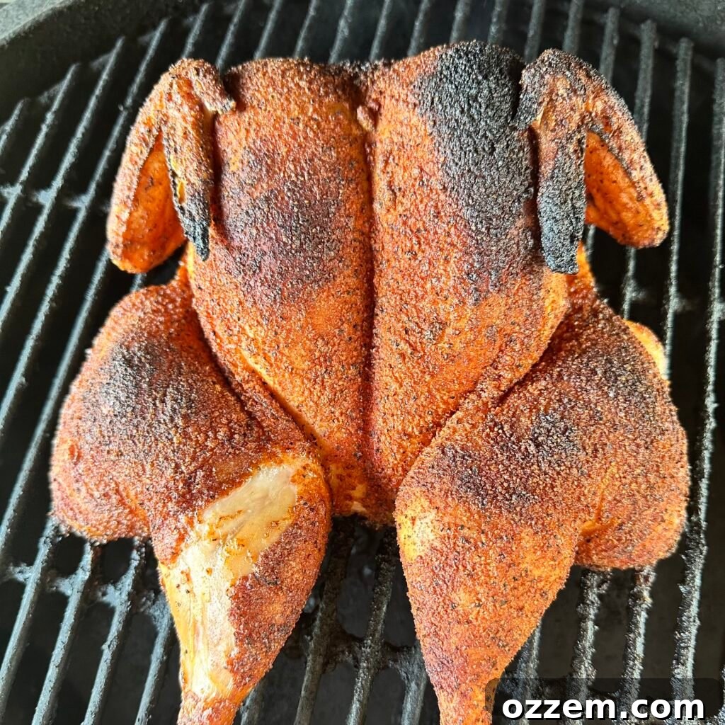 BBQ spatchcock chicken grilling on an outdoor grill, with a beautiful caramelized crust.