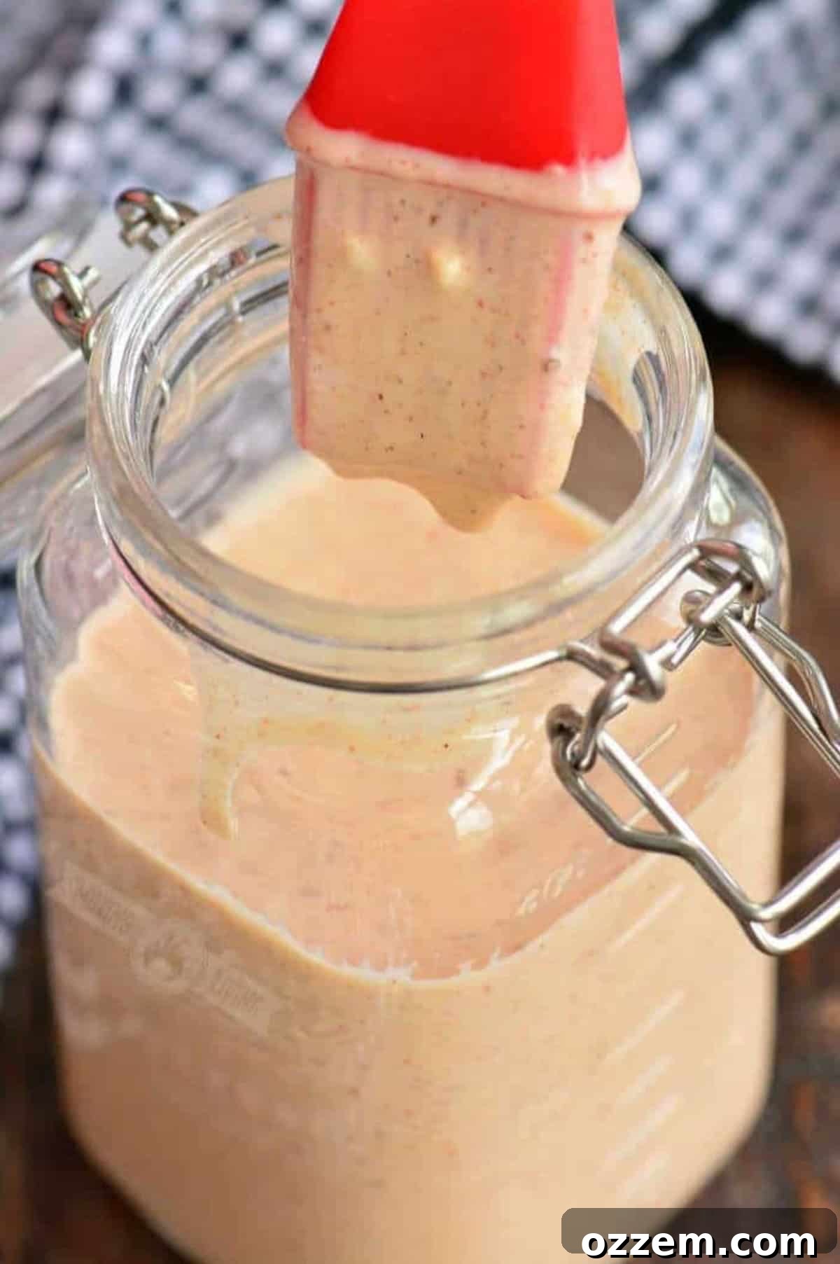 Southern Creamy White BBQ 5 Dipping a brush into a jar of white BBQ sauce.