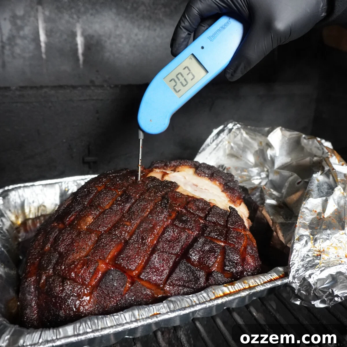 Timeless Pulled Pork Perfection 11 Classic pulled pork undergoing a temperature check after the wrapping stage.