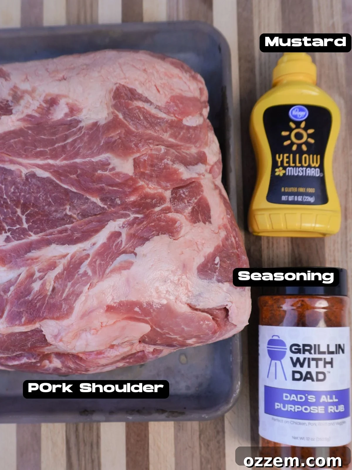 Timeless Pulled Pork Perfection 3 Classic Pulled Pork Ingredients laid out on a table.