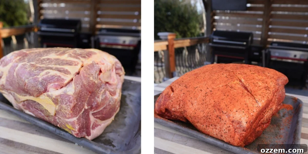 Timeless Pulled Pork Perfection 6 Raw Pork shoulder covered in mustard and seasoned with rub.