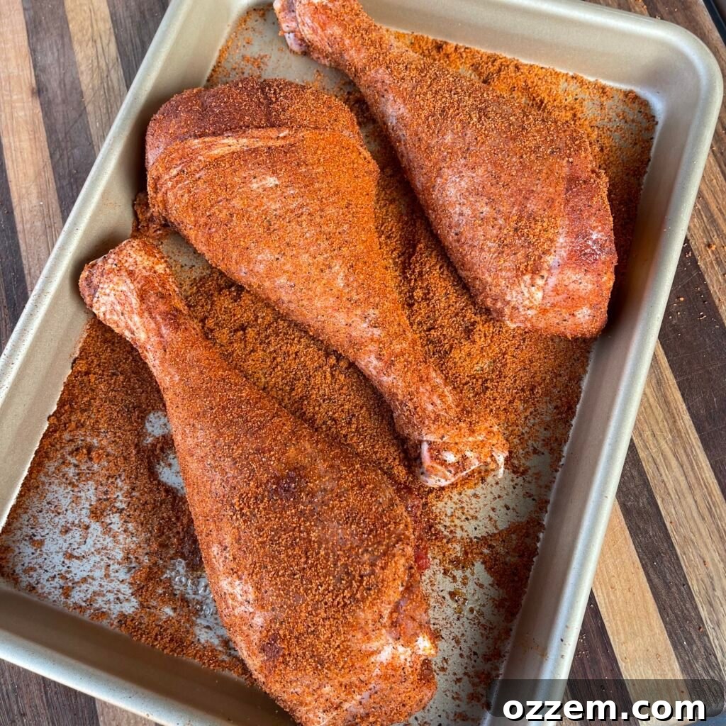 Close-up of a turkey leg coated thoroughly with a dry rub, ready for grilling.