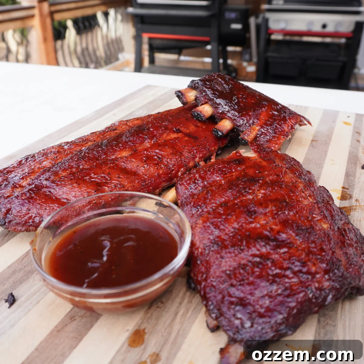 Succulent Slow-Smoked Baby Back Ribs 13 Classic BBQ baby back ribs, sliced and ready to serve.
