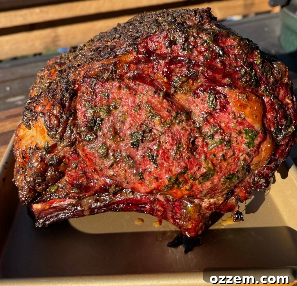Succulent Garlic and Herb Prime Rib, perfectly grilled and ready to carve.