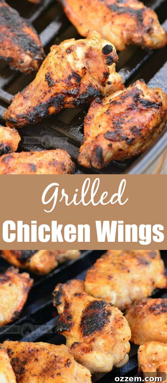 long collage of two images of chicken wings on the grill