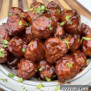 A close-up shot of a serving of BBQ Cocktail Meatballs, ready to be enjoyed.