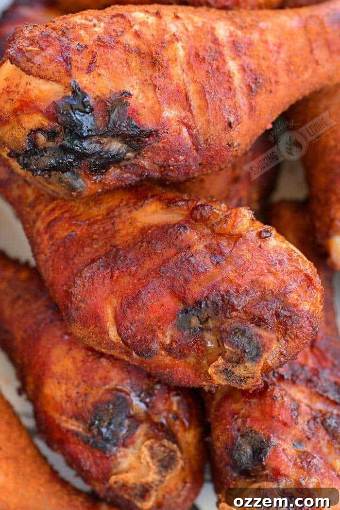 close up of perfectly cooked smoked chicken drumsticks with crispy skin
