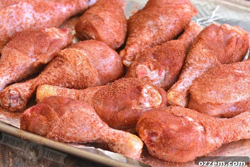 raw chicken drumsticks liberally coated with dry rub on a metal baking sheet