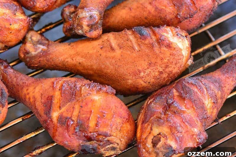 smoked chicken drumsticks cooking on a smoker grate, showing crispy skin