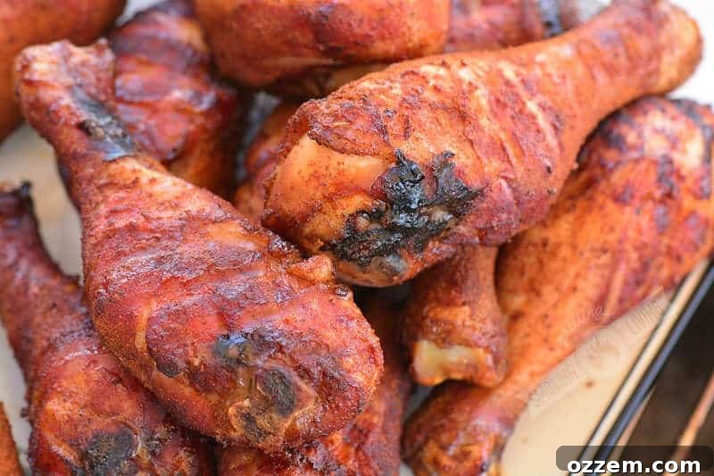 plate of perfectly smoked chicken drumsticks with golden brown, crispy skin