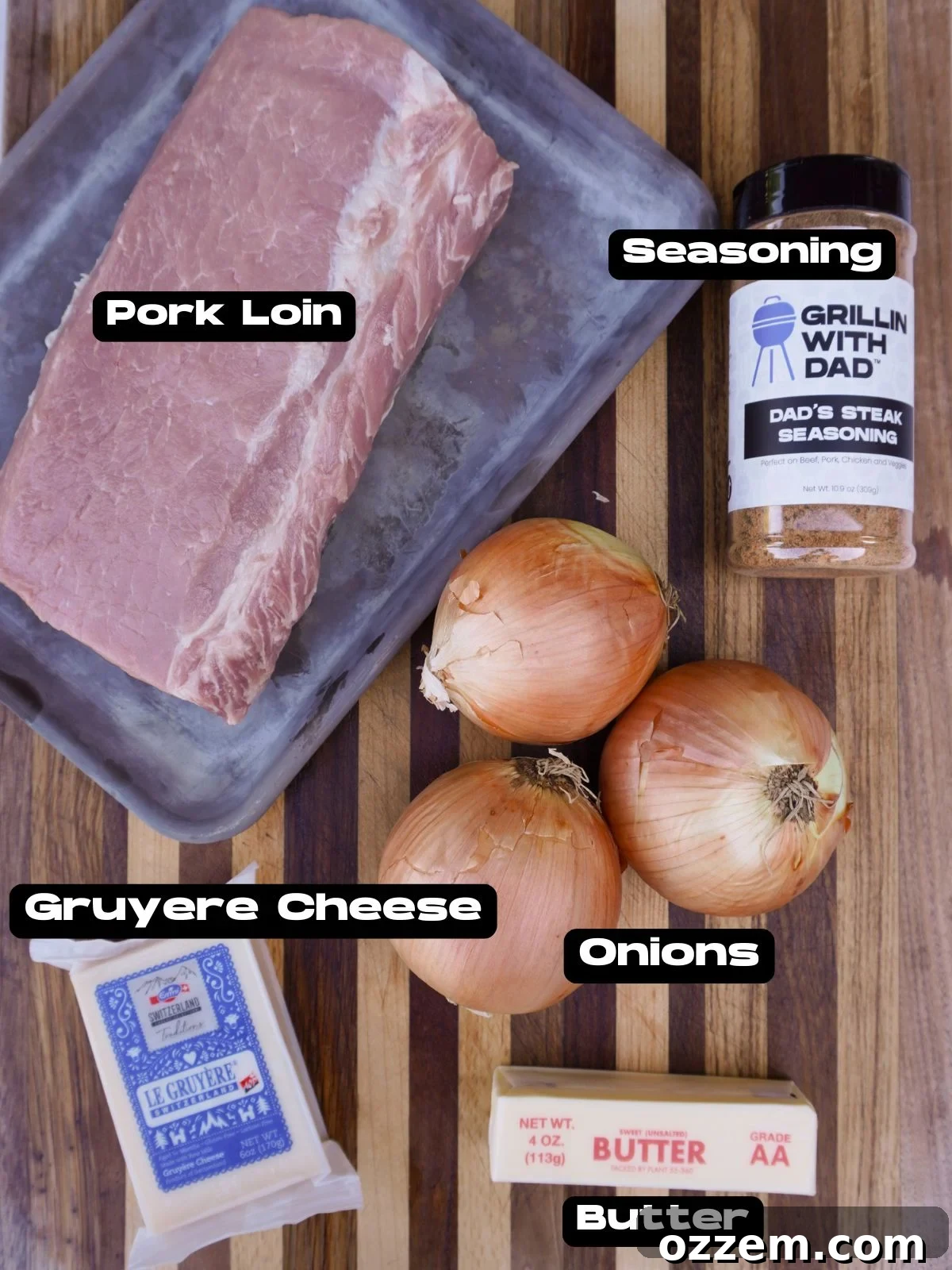 Caramelized French Onion Pork Loin 3 Ingredients image for French Onion Pork Loin, including onions, pork loin, cheese, and seasoning.