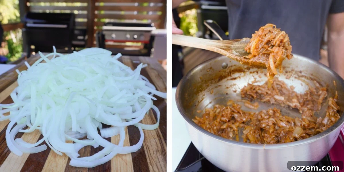 Caramelized French Onion Pork Loin 5 Progression from raw sliced onions to fully caramelized onions in a saucepan.