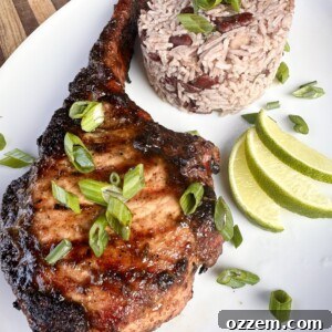 Jerk Pork Chops, cooked to perfection, ready to be served.