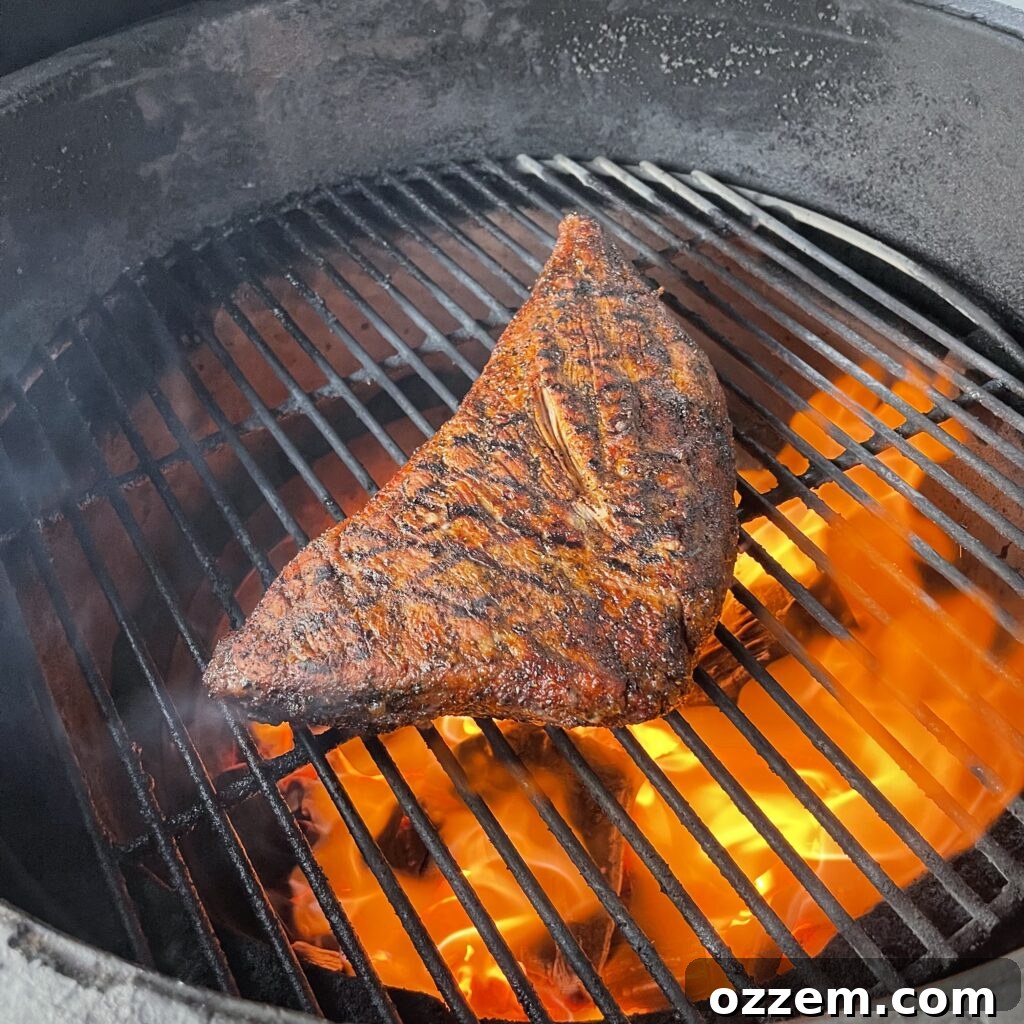 Tri tip steak grilling on the indirect heat side, alongside foil-wrapped roasted garlic.
