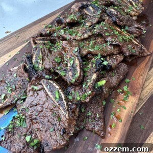 Close-up of freshly grilled flanken beef ribs.