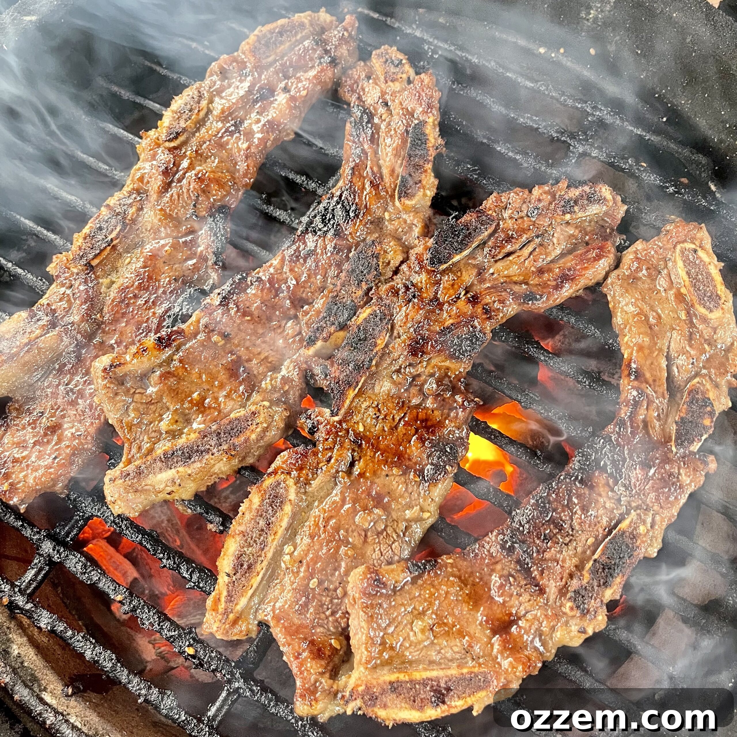 Flame-Kissed Beef Ribs 5 Grilled flanken beef ribs cooking on a hot grill.
