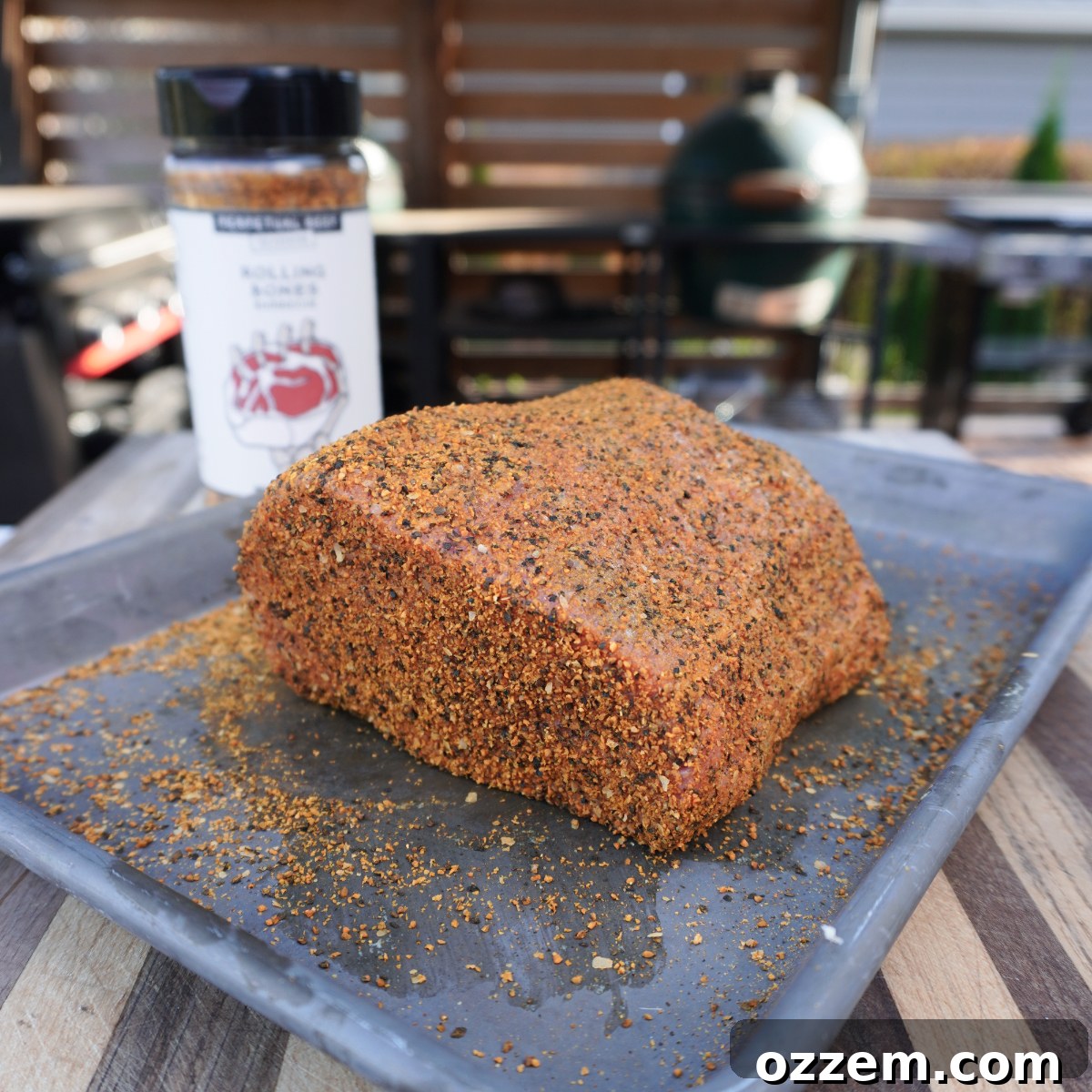 Beef eye of round, generously seasoned with a savory rub and ready for the smoker.