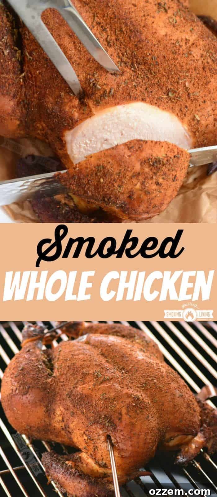 collage of two images: cutting into cooked chicken and cooked chicken on the smoker grate