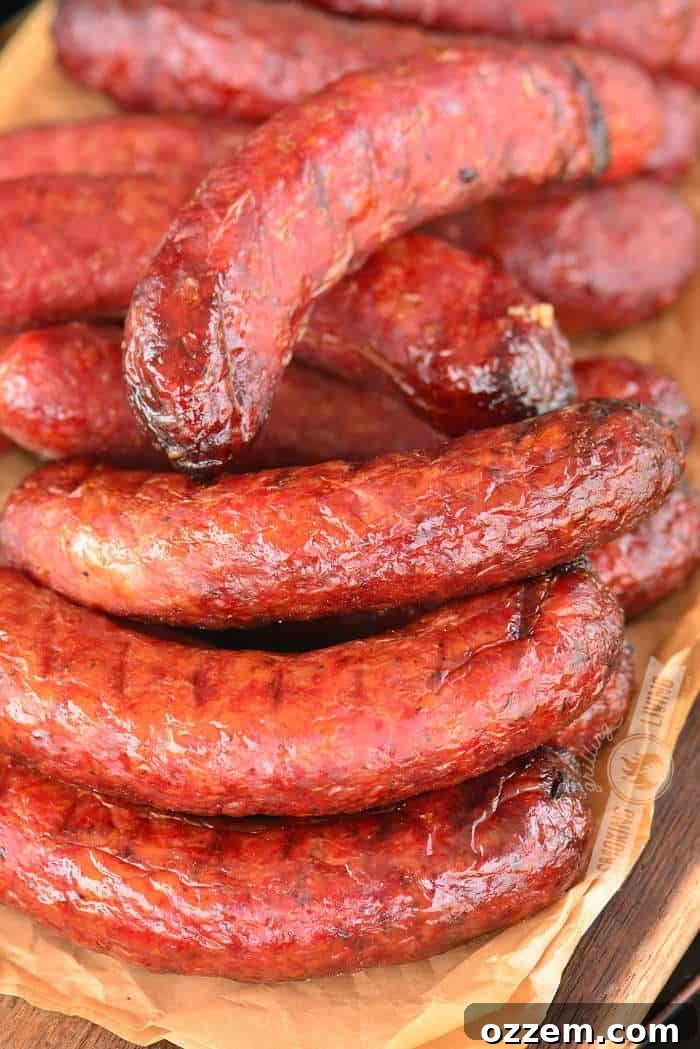 smoked sausages stacked on parchment paper