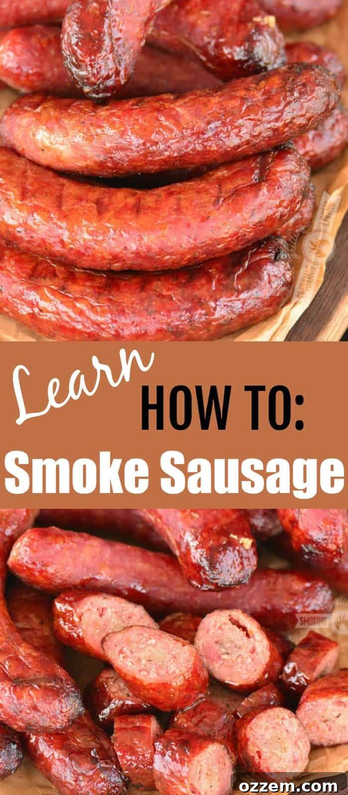 collage or two photos. on top is sausage cooked and stacked and on the bottom is sliced cooked sausage