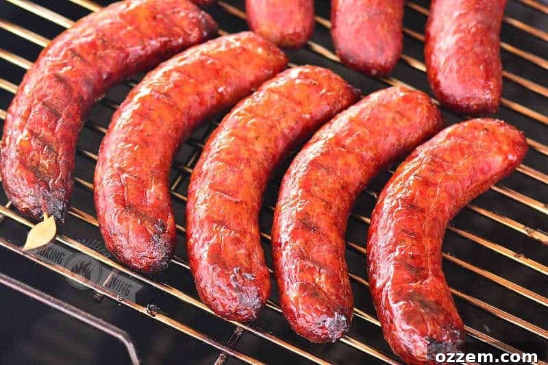 cooked smoked sausage on the smoker grate