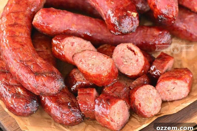 horizontal image of sliced smoked sausage